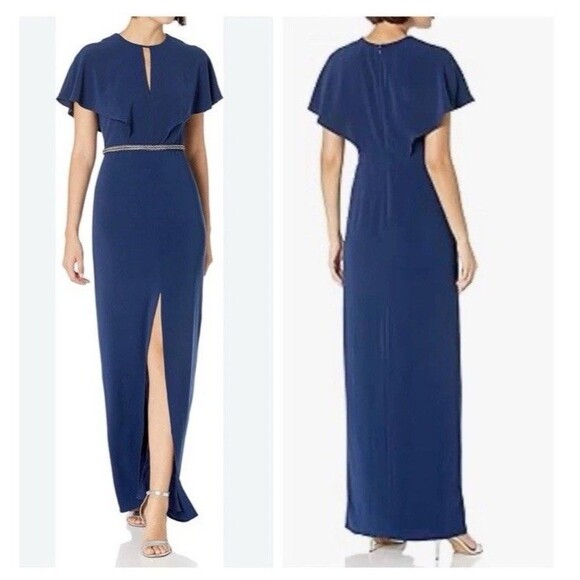 Halston Heritage Cape Sleeve Gown Dress Size 0 Blue Rhinestones *FLAWED - Picture 3 of 16